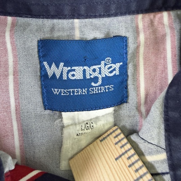 Vintage Men's Wrangler Pearl Snap Western Shirt Large L Striped Blue Red - Picture 2 of 11